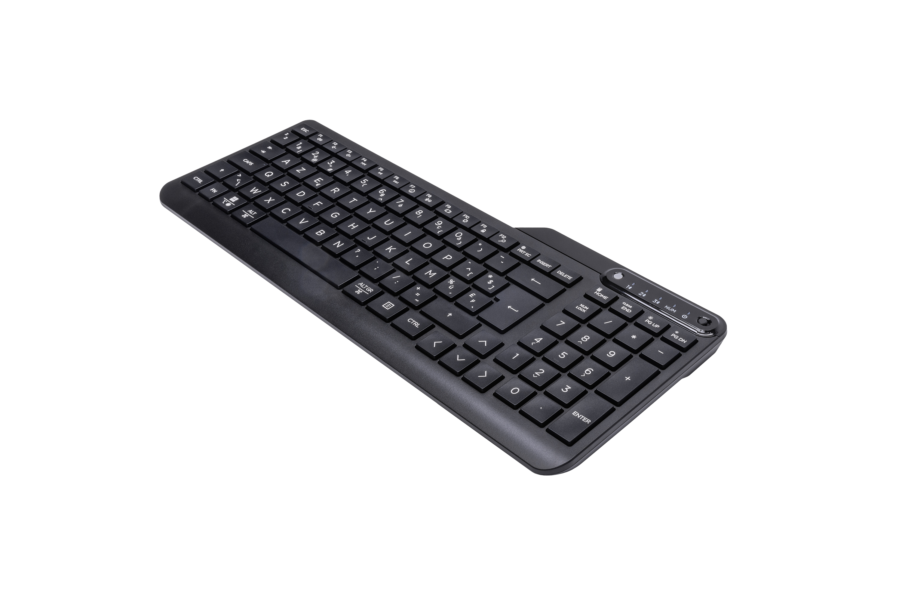Eine schwarze Tastatur mit Nummernblock auf weißem Hintergrund.