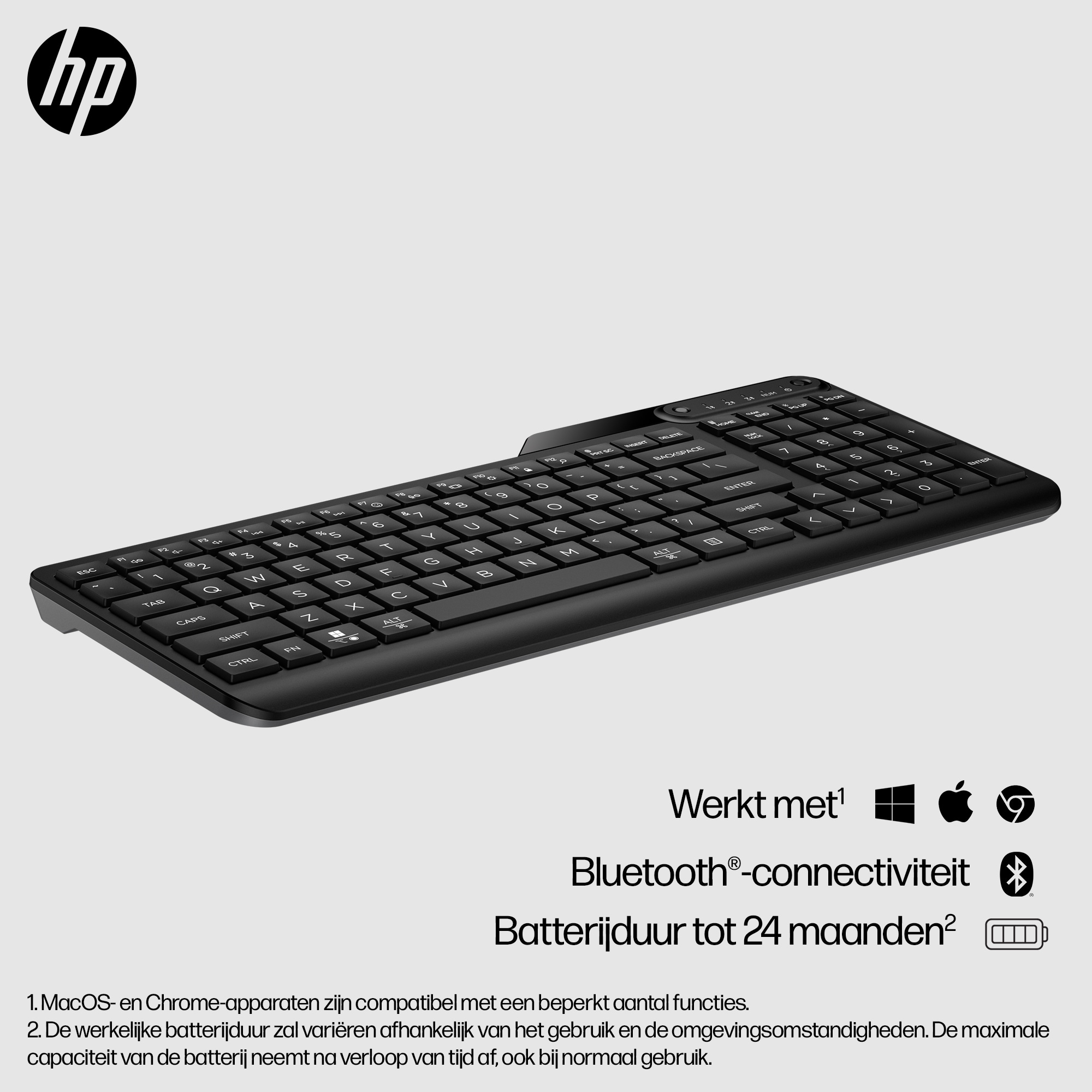 Schwarze HP Bluetooth Tastatur mit Nummernblock und Akku-Symbol.