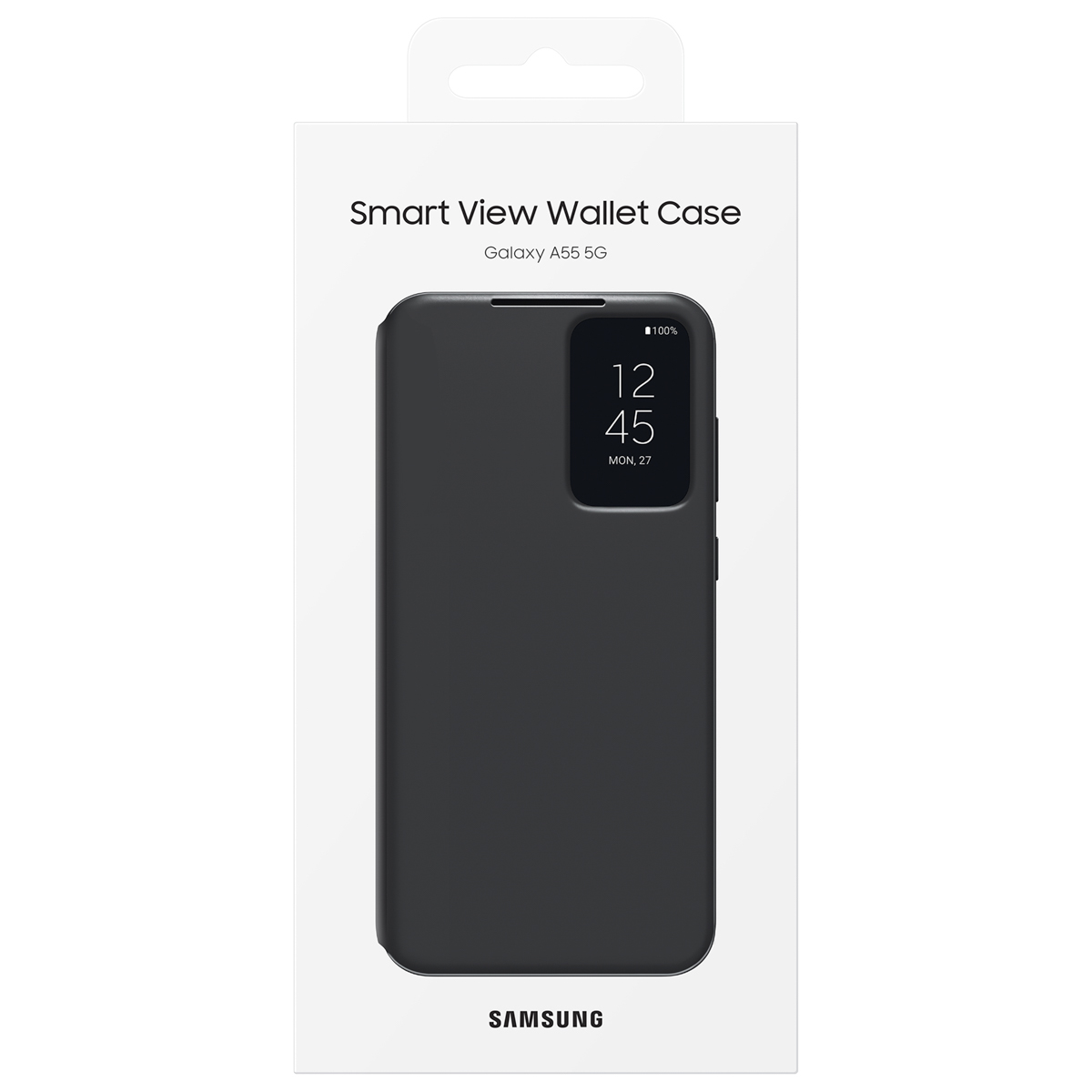 Étui portefeuille Smart View noir pour Galaxy A55 5G, heure affichée.