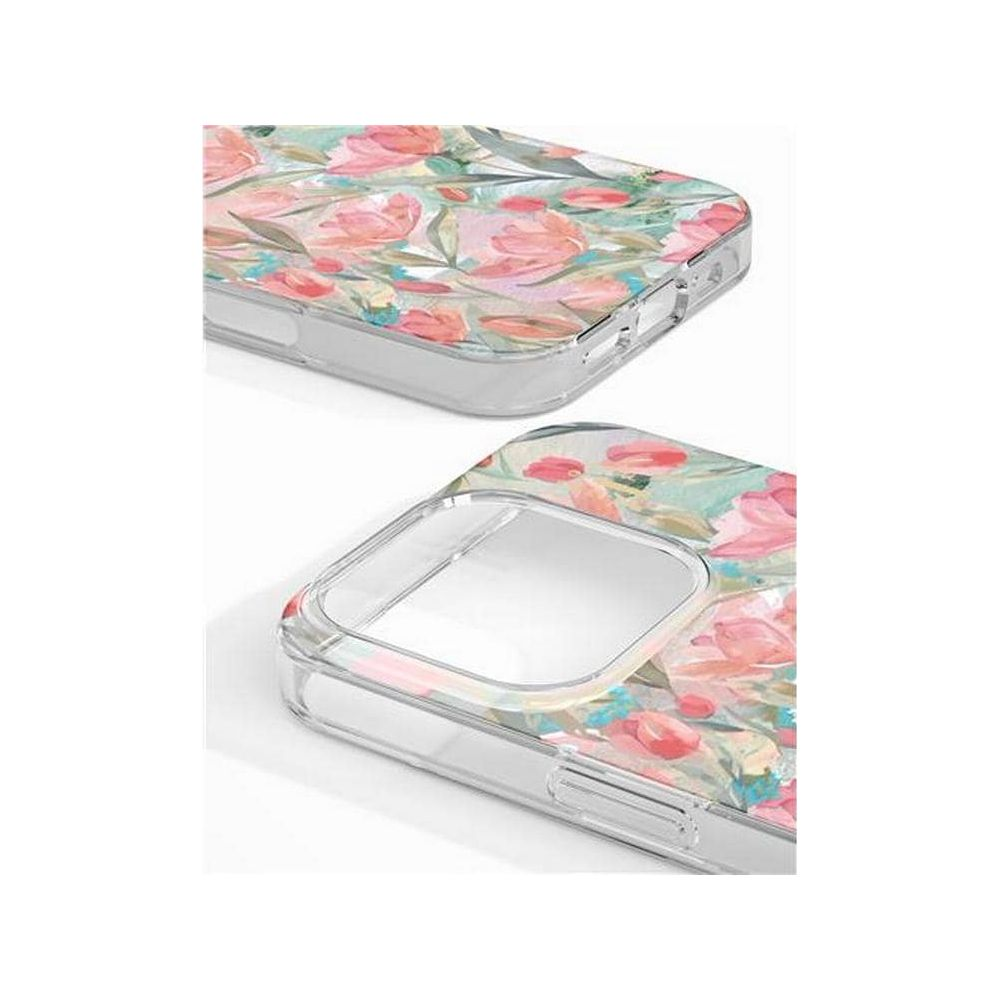 Transparente Handyhülle mit zartem rosa und grünem Blumenmuster.