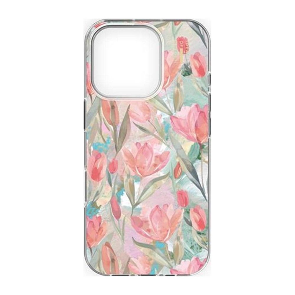 Transparente Hülle mit rosa Tulpenmuster auf aquamarinem Hintergrund.