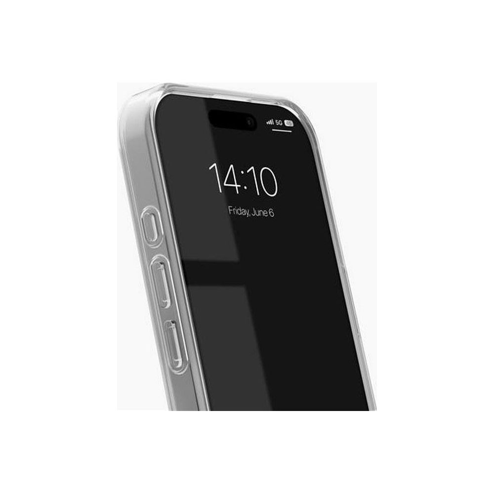 Ein durchsichtiger Handyhülle schützt ein Smartphone mit schwarzem Bildschirm.