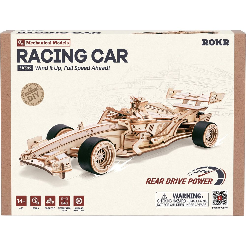 Holzmodell eines Rennwagens auf der Verpackung, mit Text und Symbolen.