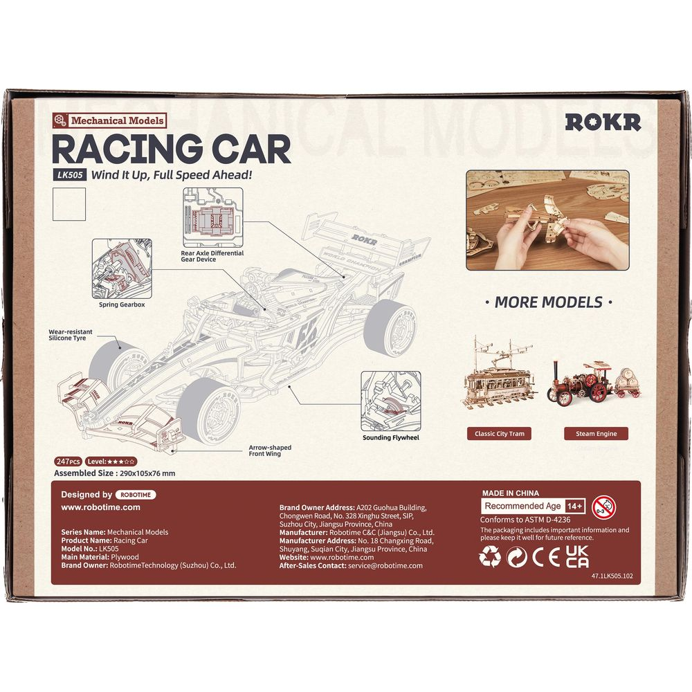 Verpackung für ein ROKR-Rennwagen-Modellbausatz mit schematischer Darstellung und Details.