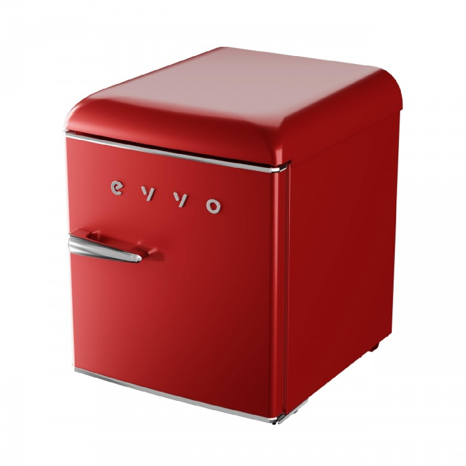 Un refrigerador rojo retro con un asa plateada y logo de marca.