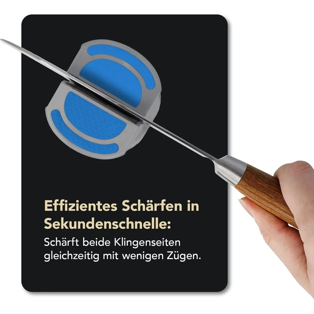 Ein Messer wird durch einen grauen Schärfer mit blauen Einsätzen gezogen.