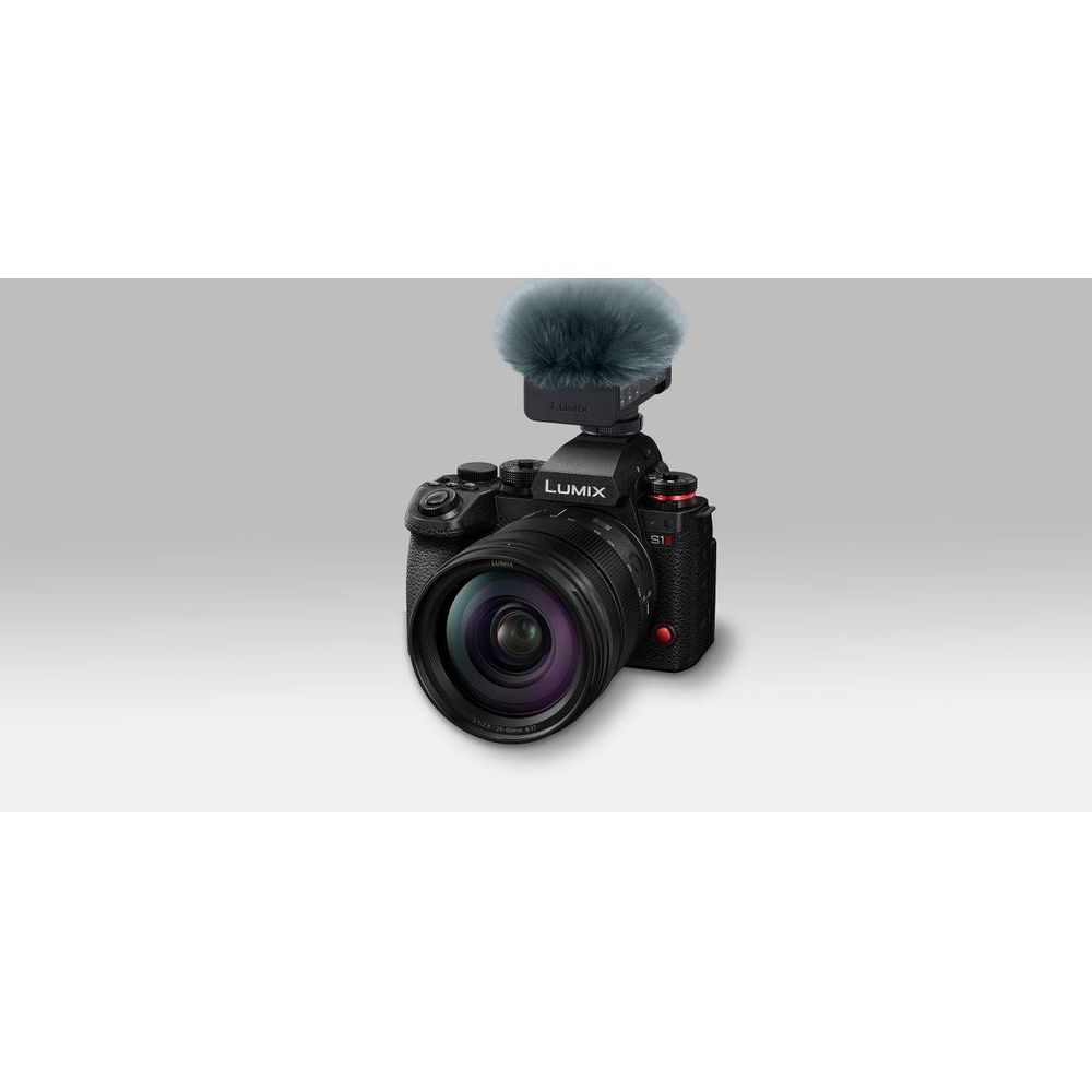 Eine Panasonic Lumix S1 Kamera mit Mikrofon und Objektiv.