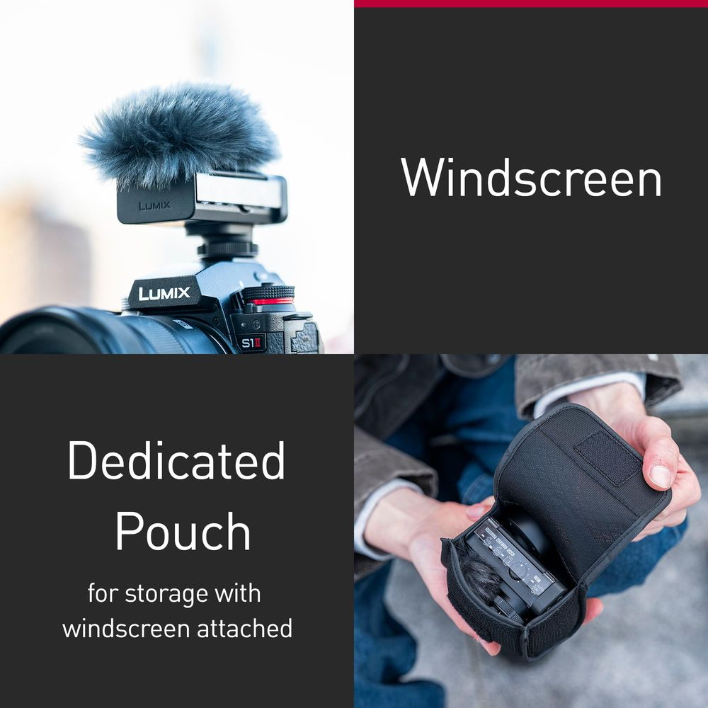 Lumix Kamera mit Windschutz und Zubehörtasche.