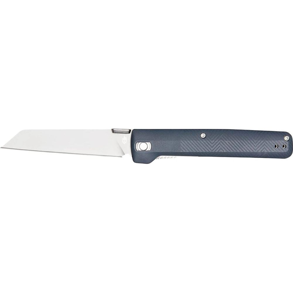 Ein geschlossenes Klappmesser mit dunklem Griff und silberner Klinge.