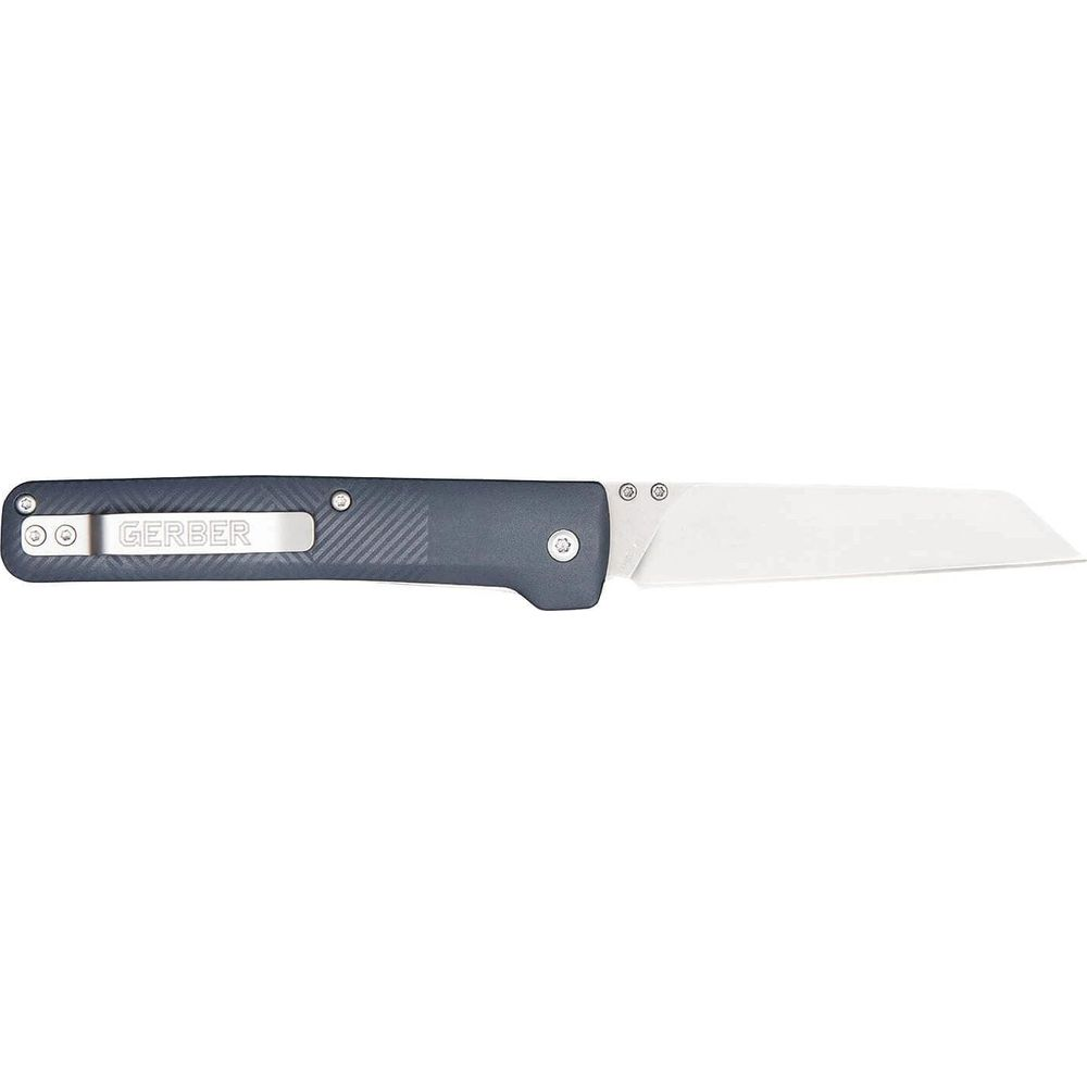 Ein graues Klappmesser mit silberner Klinge und dem Gerber-Logo.