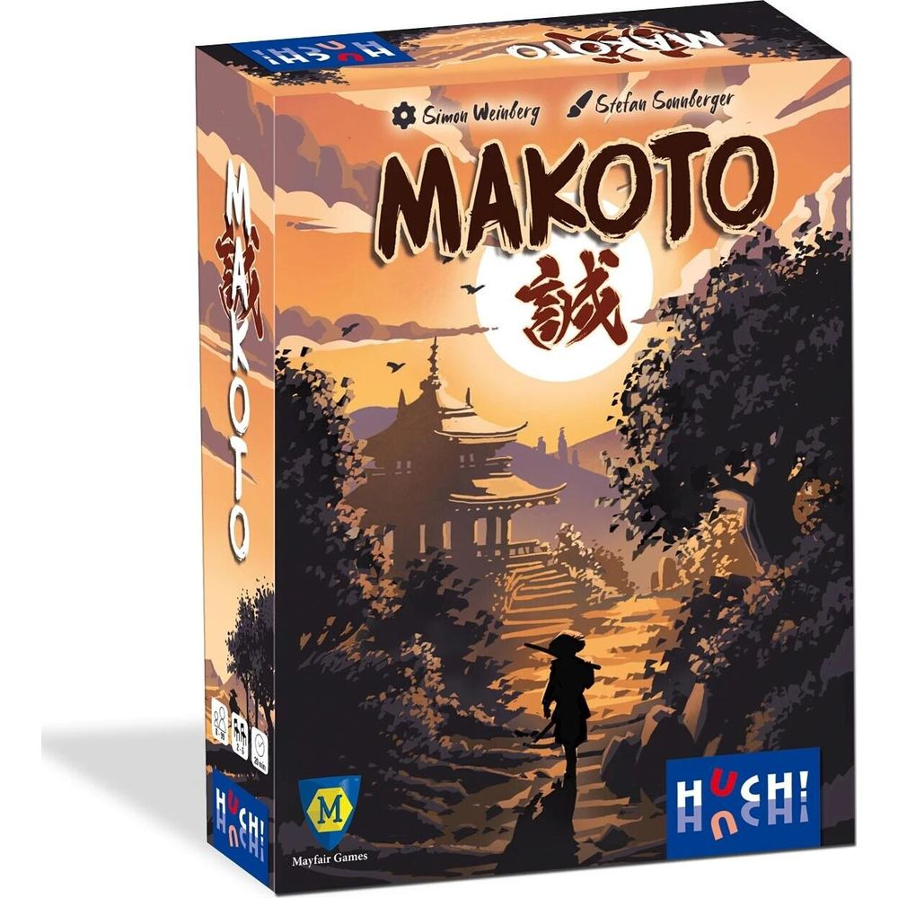 Art de boîte de jeu de société : Silhouette d'une silhouette sur des escaliers menant à un temple au coucher du soleil.
