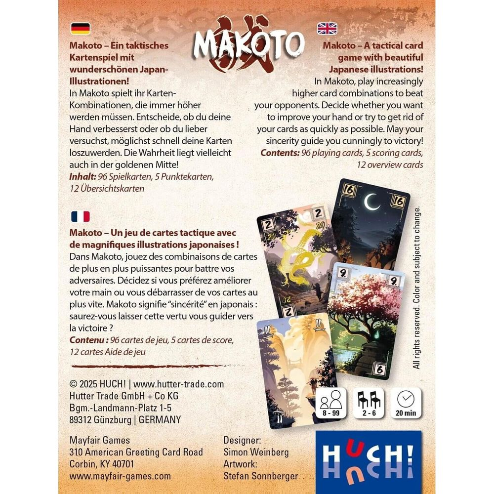 Jeu de cartes "Makoto" avec illustrations japonaises, cartes et règles.
