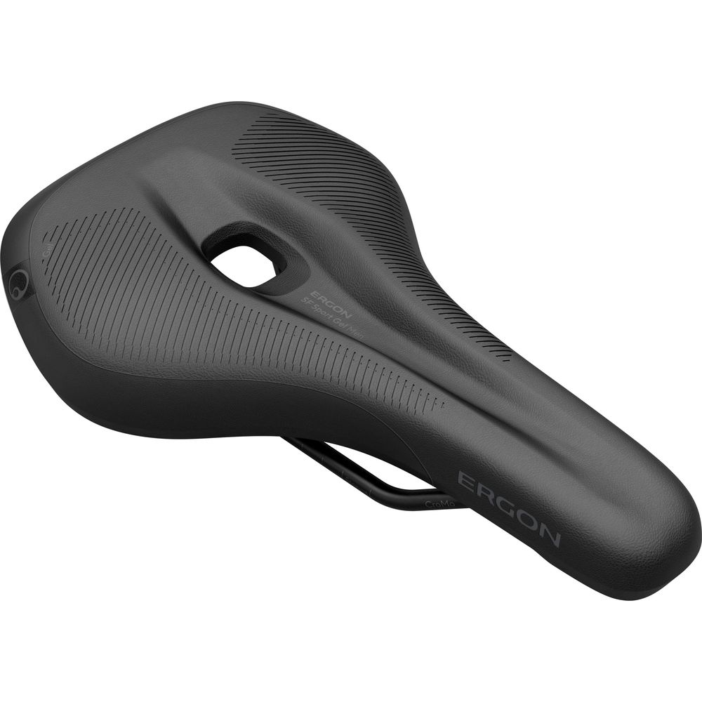 Schwarzer Fahrradsattel mit ergonomischem Design und Ergon-Logo.