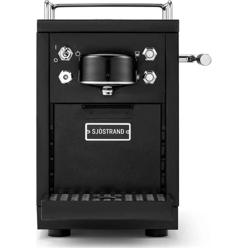 Macchina da caffè nera con pulsanti e leva argentata, logo SÖJSTRAND.