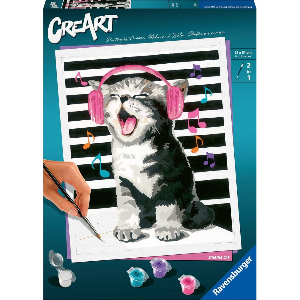 Ein Malen nach Zahlen-Set zeigt eine singende Katze mit Kopfhörern.