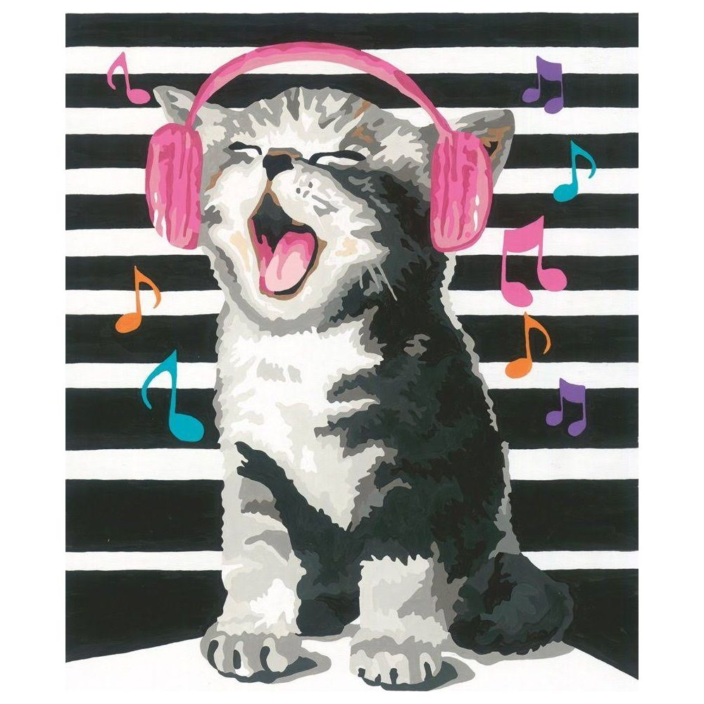 Eine Katze mit Kopfhörern singt vor einem schwarz-weißen gestreiften Hintergrund mit Noten.