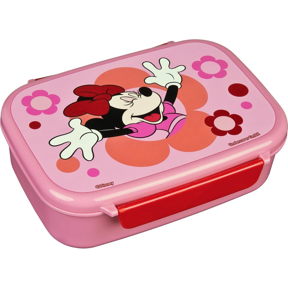 Pinke Brotdose mit Minnie Maus und Blumen. Rote Verschlüsse.