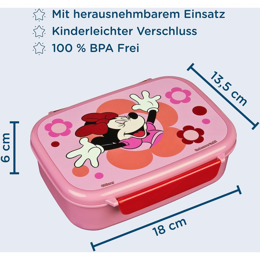 Eine rosa Brotdose mit Minnie Maus Motiv, 18x13,5x6 cm.