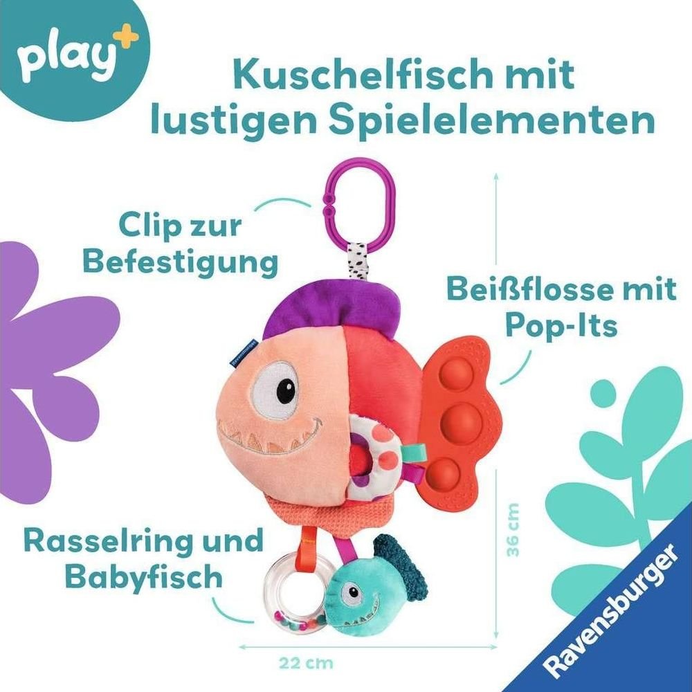 Ein bunter Plüschfisch mit Bissflosse, Rassel und Clip. Spielzeug für Babys.