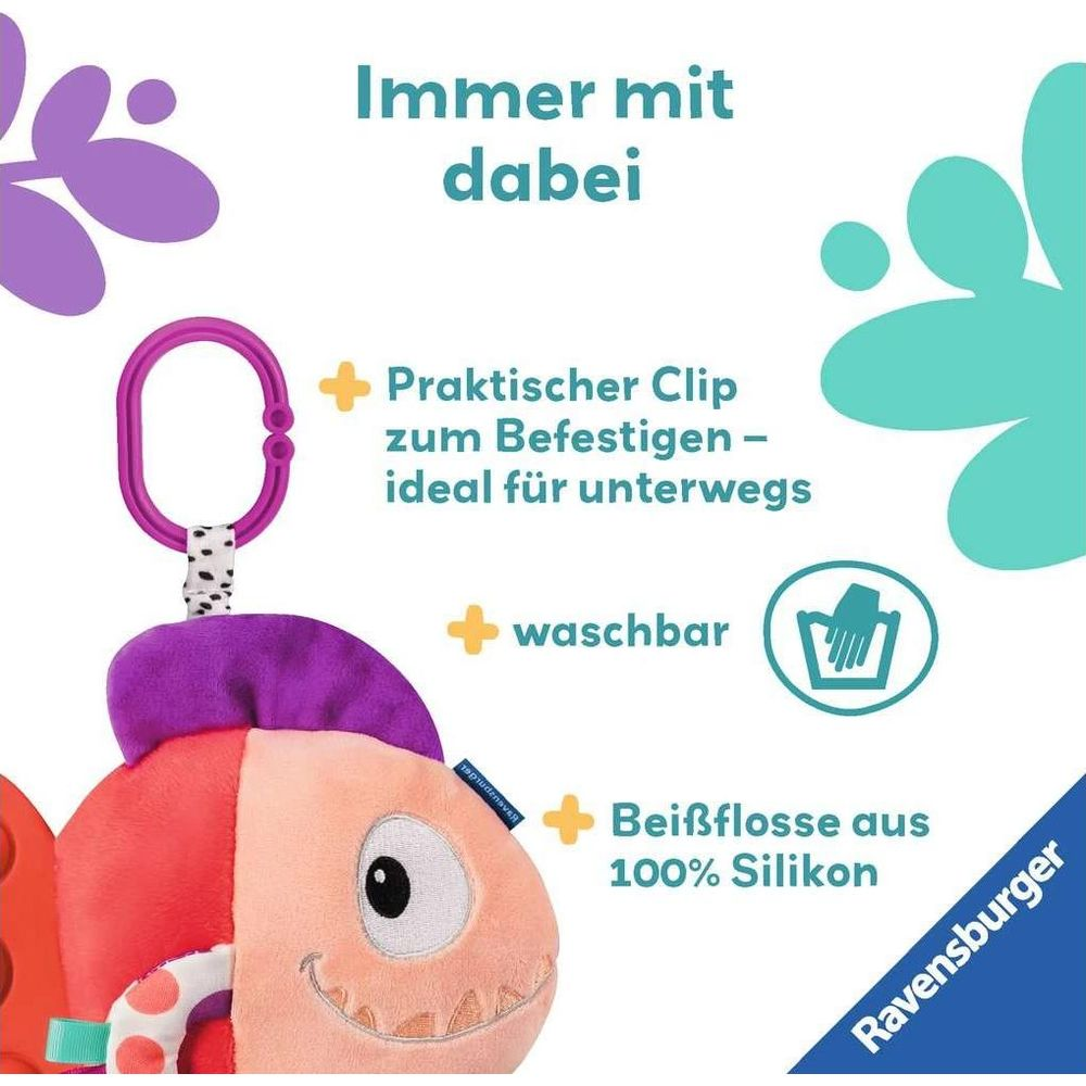 Ein weicher Fischanhänger mit Clip, waschbar und Silikon-Beißring.