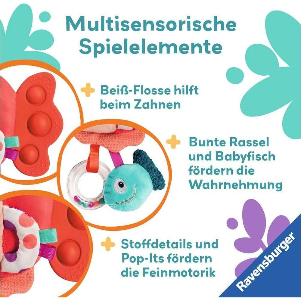 Multisensorische Spielelemente: Beißflosse, bunte Rassel und Stoffdetails.