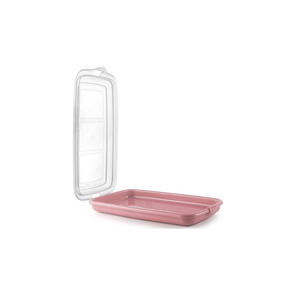 Un contenitore rosa con coperchio trasparente aperto.