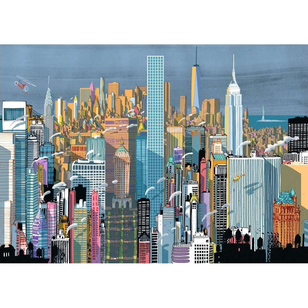 Bunte New Yorker Skyline mit Wolkenkratzern, einem Hubschrauber und der Freiheitsstatue im Hintergrund.