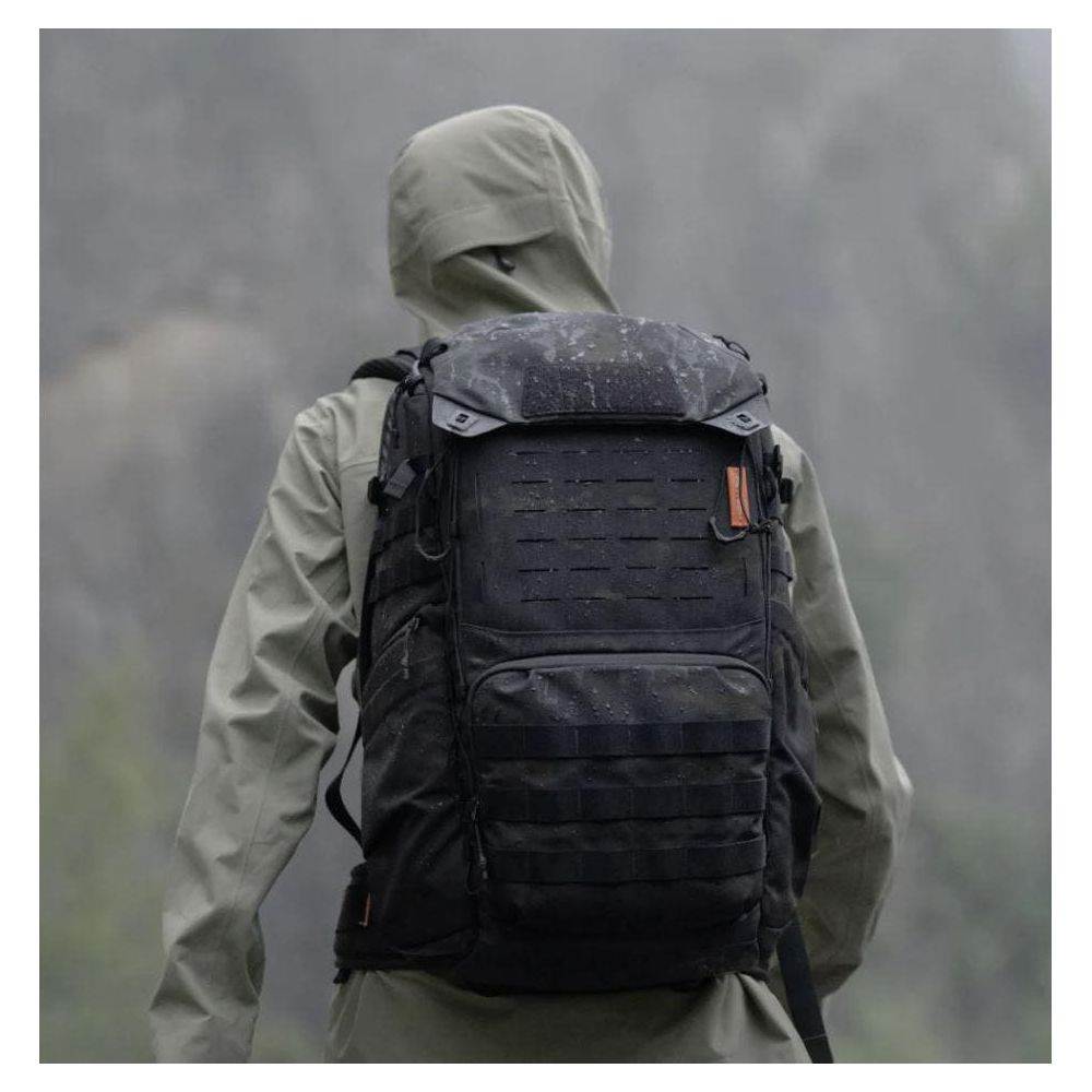 Ein Mann mit Rucksack, der von hinten in einer nebligen Landschaft zu sehen ist.