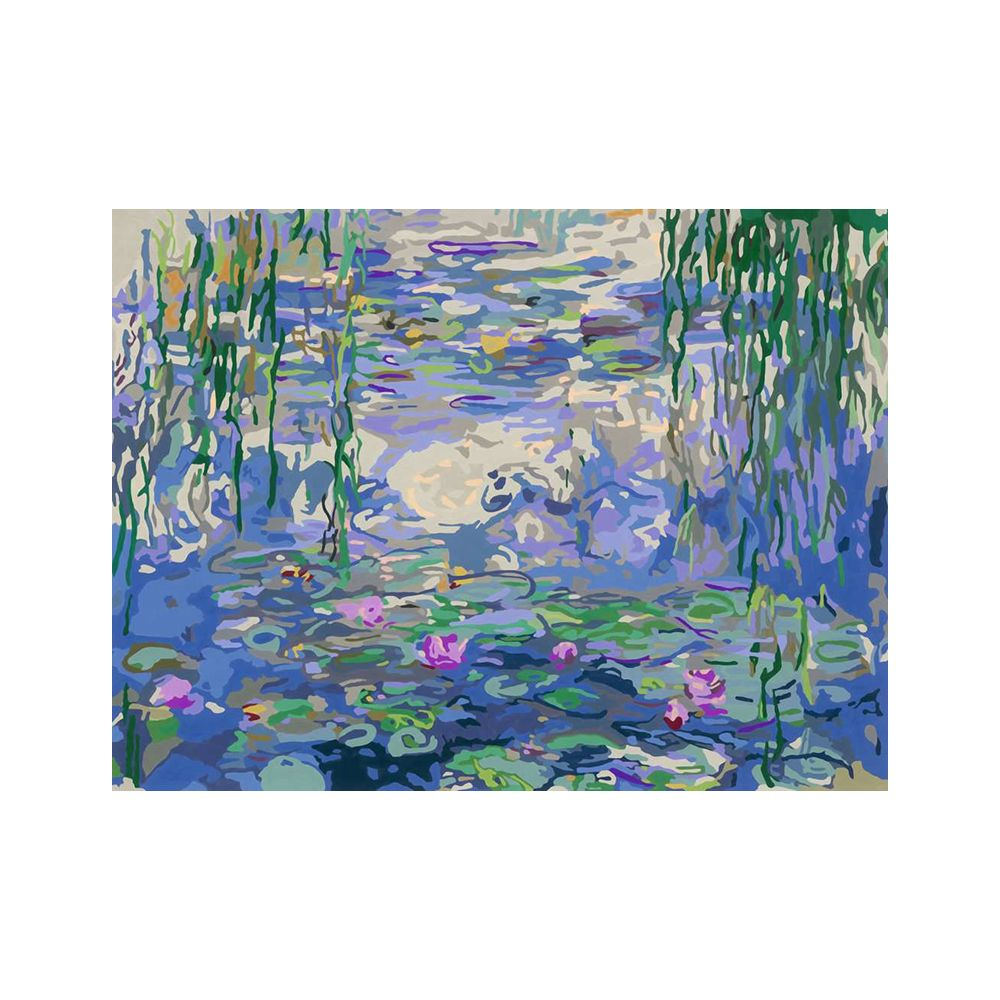 Ninfee su uno stagno blu con piante sospese in primo piano.