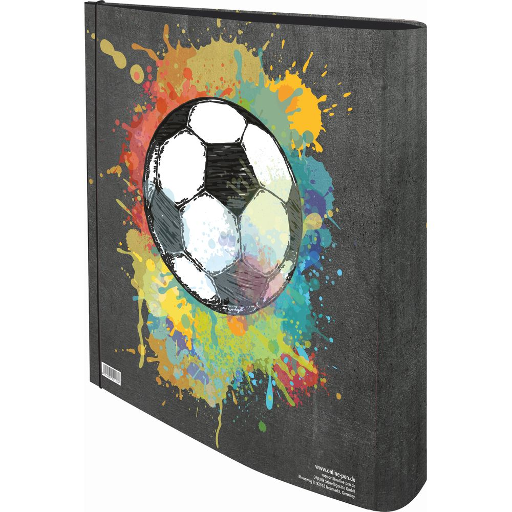 Fußball auf einem dunklen Einband mit bunten Farbspritzern.
