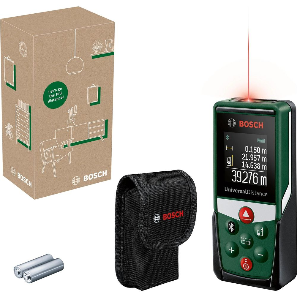 Medidor láser Bosch, caja, funda y baterías mostrados. Medida 39,276m.