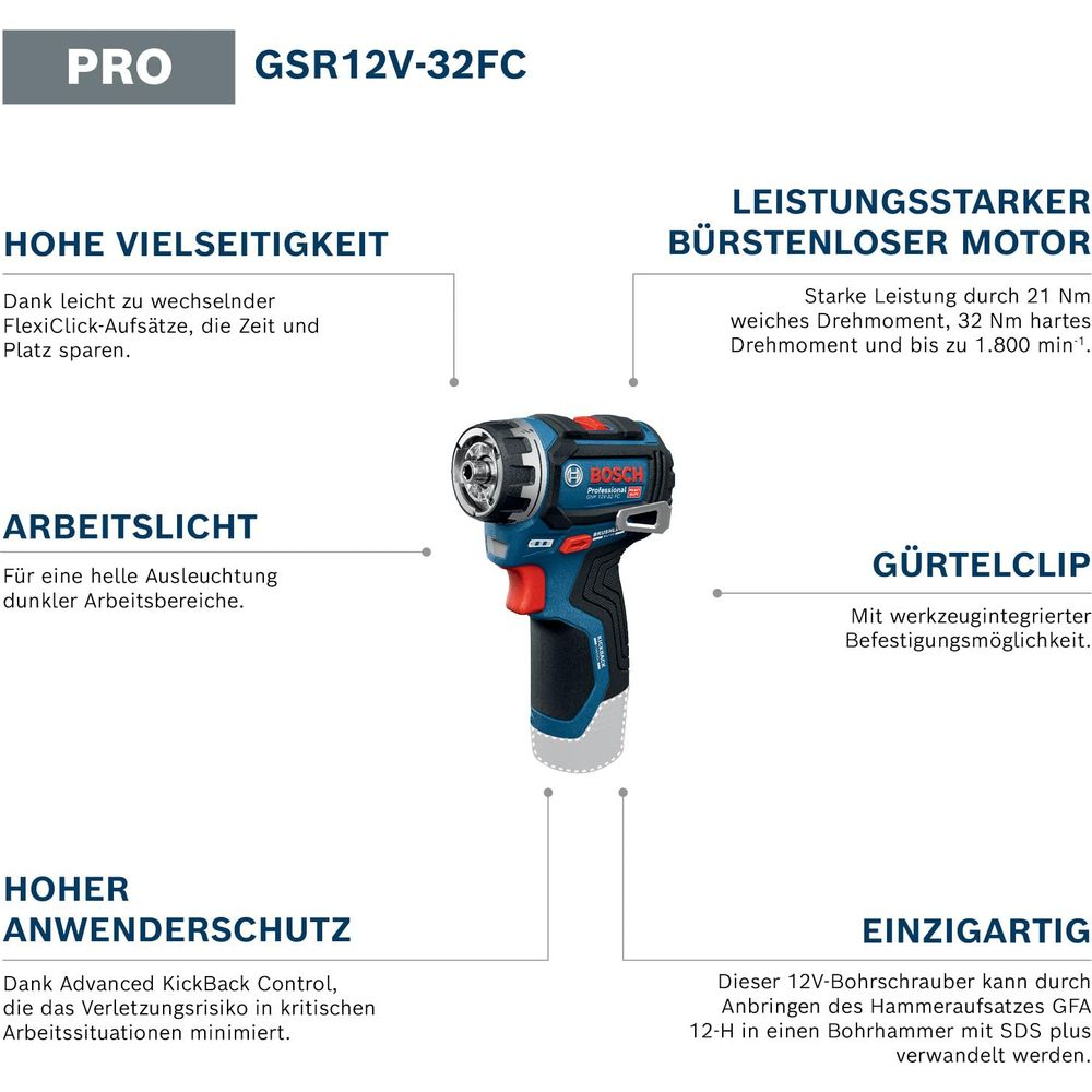 Taladro inalámbrico Bosch GSR12V-32FC con FlexiClick, luz de trabajo, motor potente, clip.