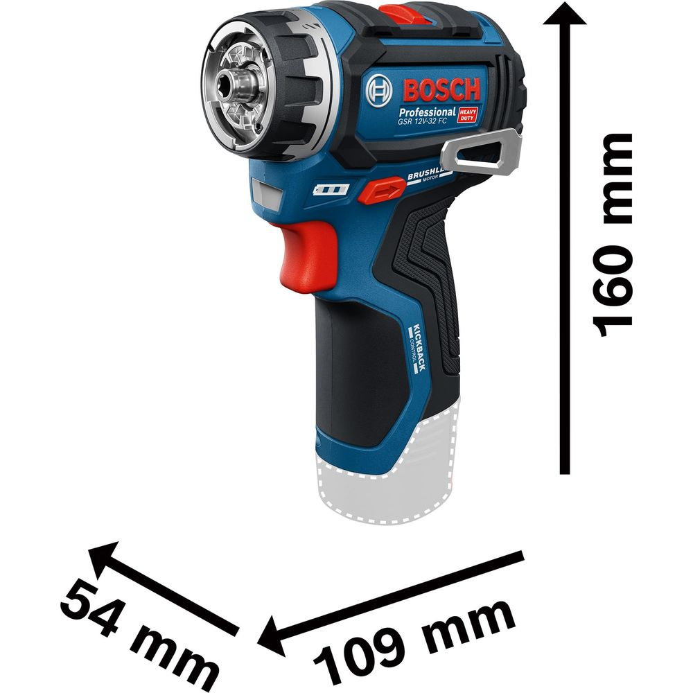 Un destornillador inalámbrico Bosch azul con detalles rojos, 160mm de alto.