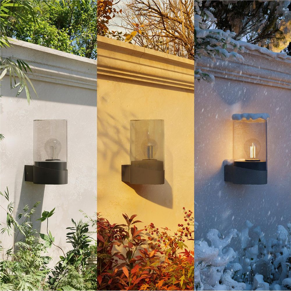 Außenleuchte im Sommer, Herbst und Winter mit Pflanzen und Schnee.