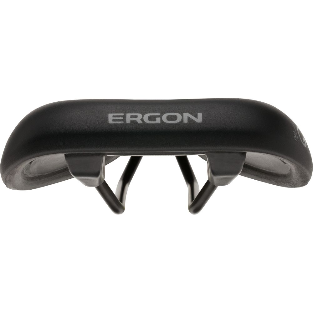 Schwarzer Fahrradsattel mit dem Ergon-Logo auf weißem Hintergrund.