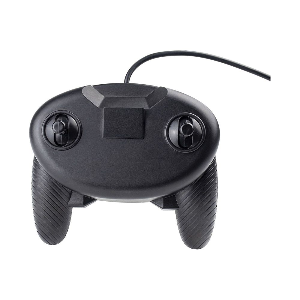Schwarzer Fernbedienungsgriff mit zwei Joysticks und einem Kabel.