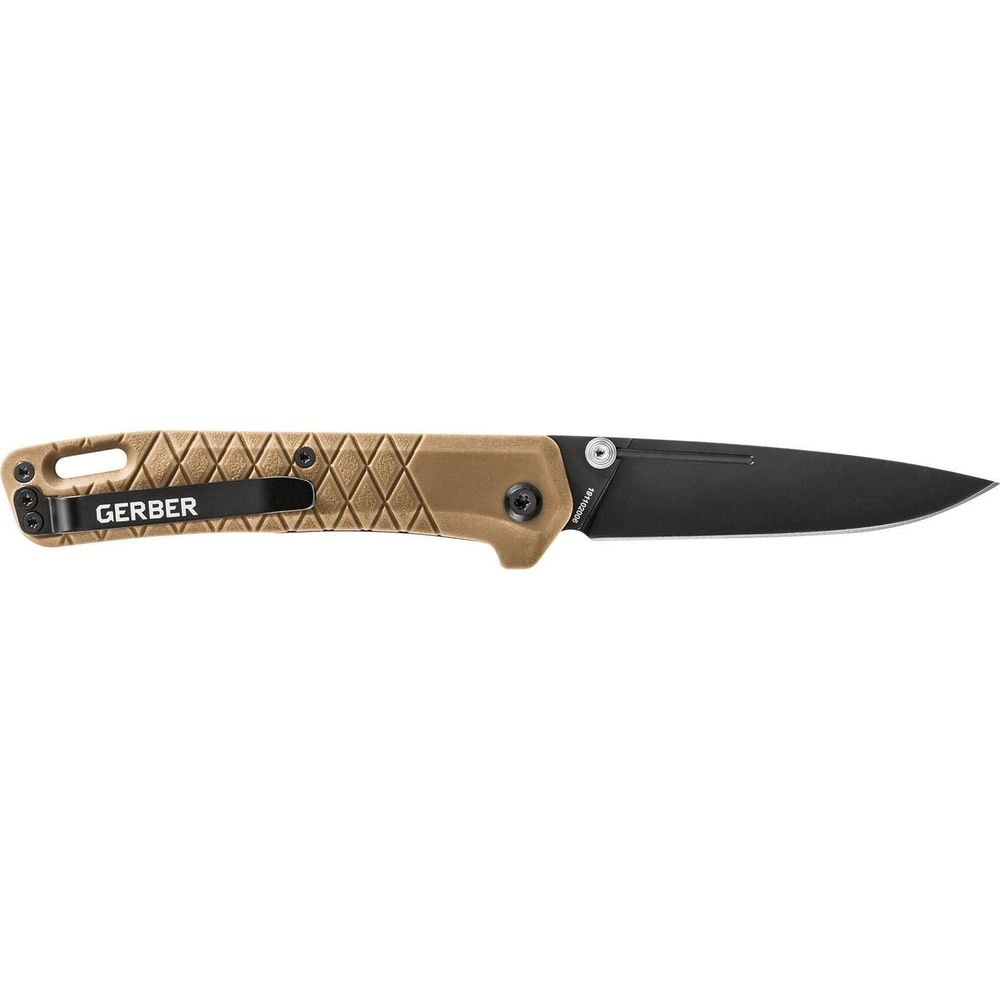 Ein braunes Gerber-Messer mit schwarzer Klinge liegt auf weißem Hintergrund.