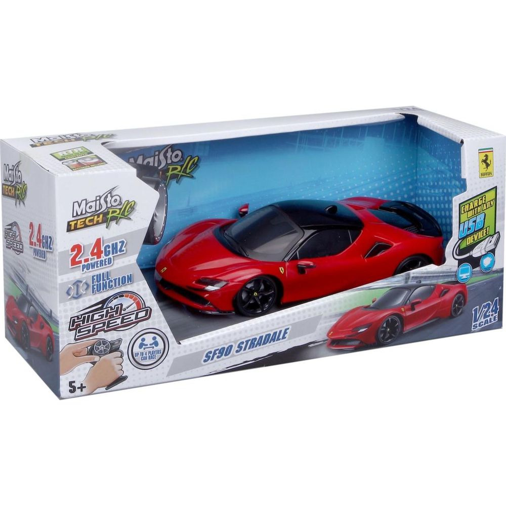 Roter Ferrari SF90 Stradale Spielzeugauto in Verpackung mit Fernbedienung.