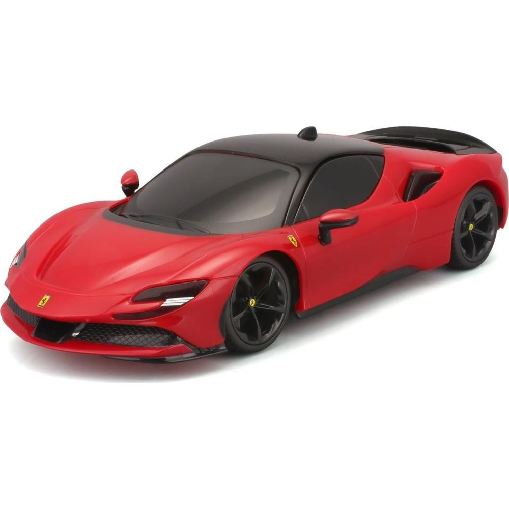 Ein roter Ferrari mit schwarzem Dach und schwarzen Felgen, ausgestellt auf weißem Grund.