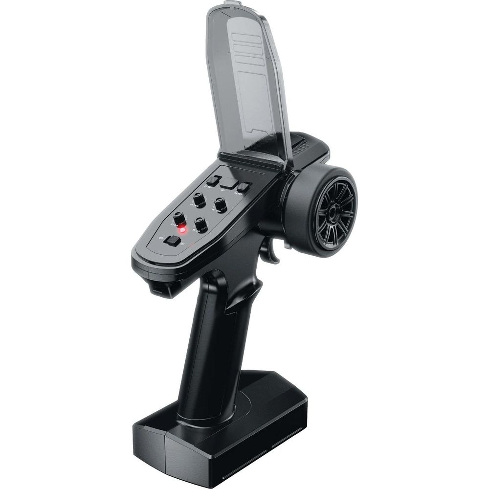Schwarzer RC-Sender mit Steuerknüppel, Rad und Knöpfen, Klappdeckel offen.