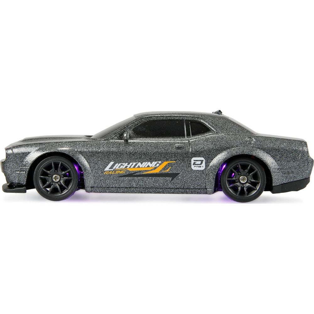 Graues Spielzeugauto mit lila Lichtern und "Lightning Racing"-Aufschrift.
