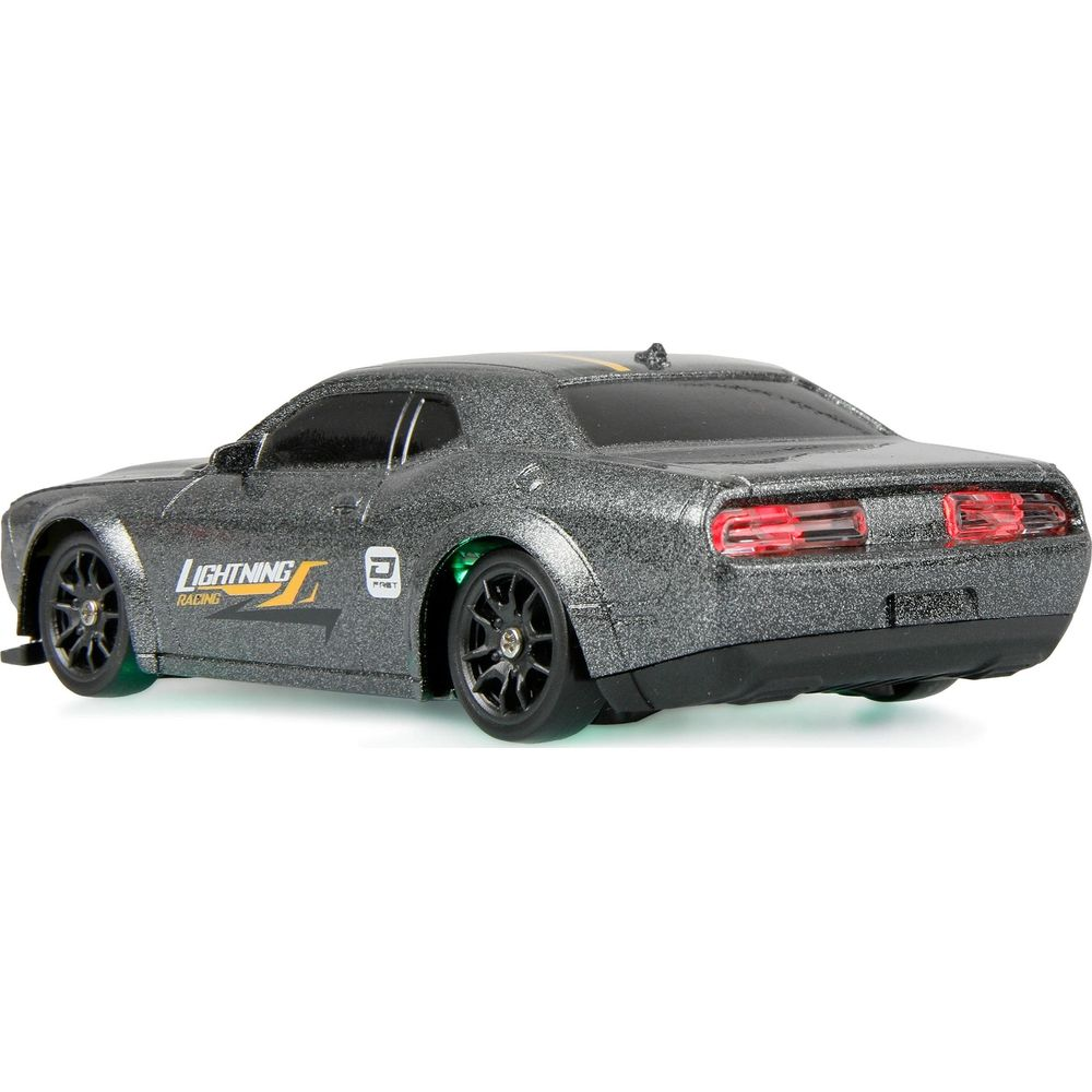 Graues Spielzeugauto mit roten Rückleuchten und "Lightning Racing"-Aufkleber.