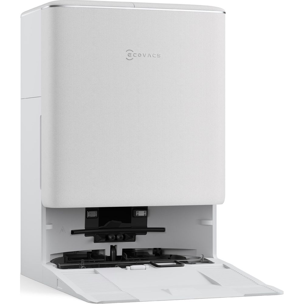 Ein weißer Ecovacs Roboterstaubsauger mit Ladestation. Das Logo ist sichtbar.