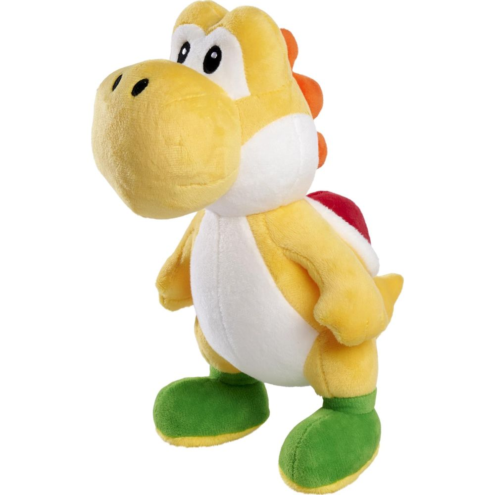 Ein gelber Yoshi-Plüsch mit roten Schuhen und einem roten Panzer.