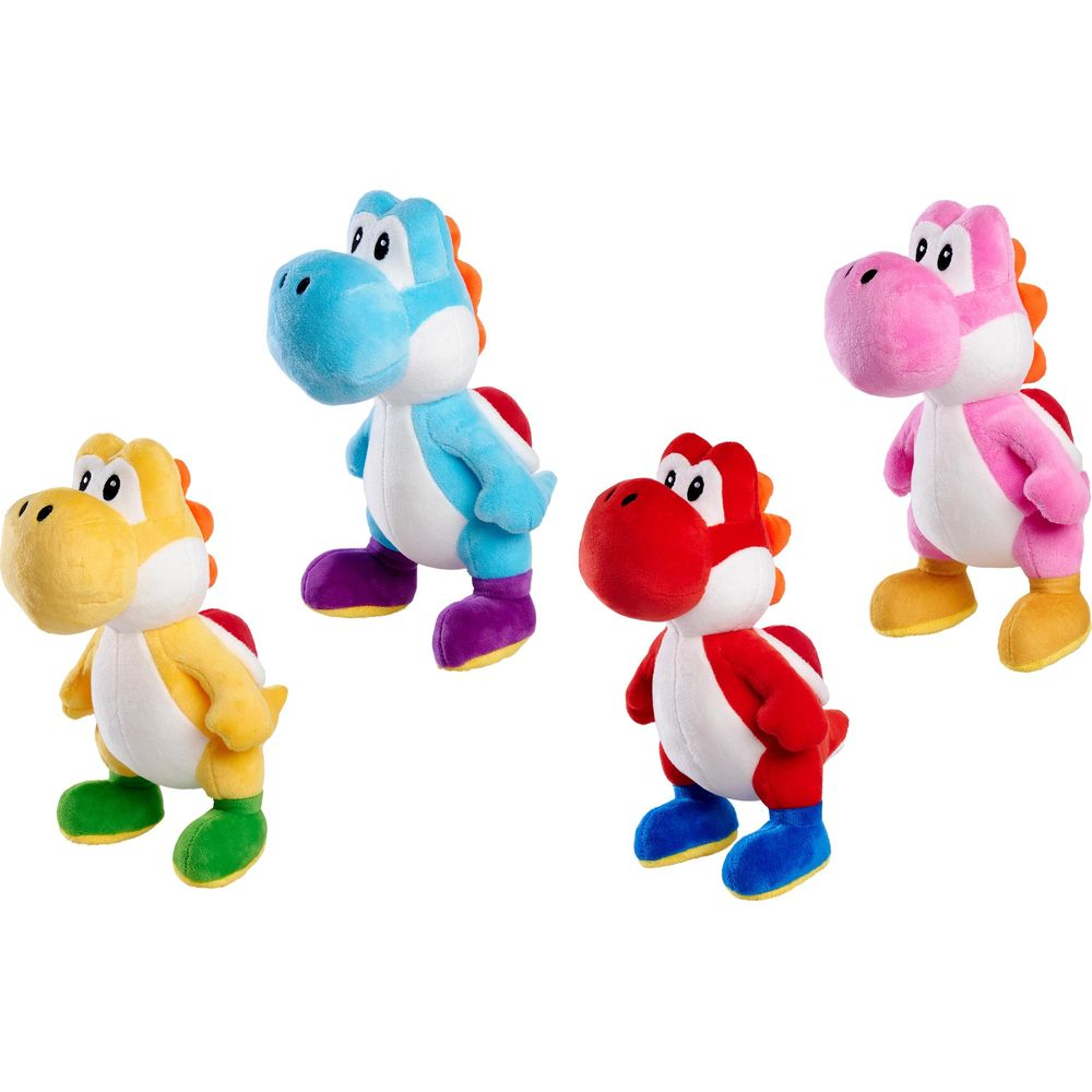 Vier Yoshi-Plüschtiere in Gelb, Blau, Rot und Rosa auf weißem Hintergrund.