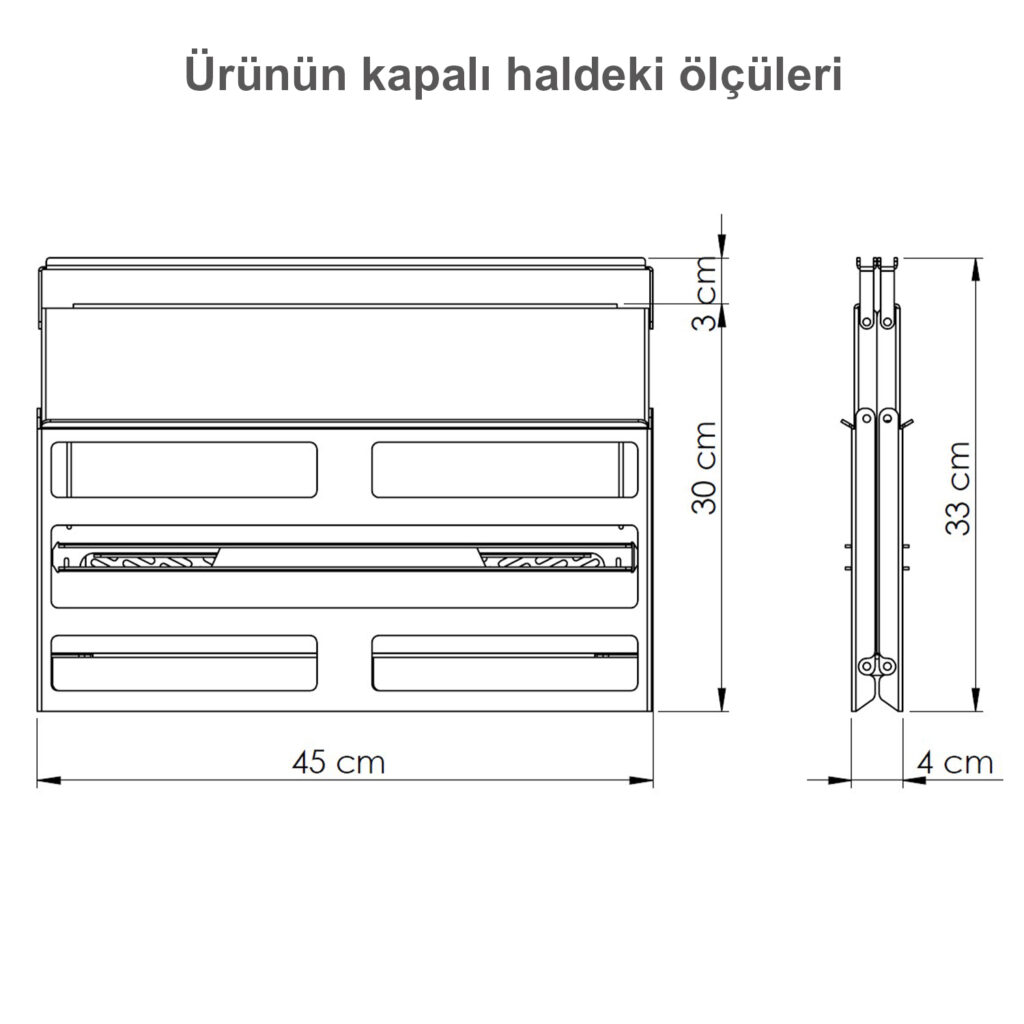 Kapalı ürünün teknik çizimi boyutları: 45x30x3 cm.