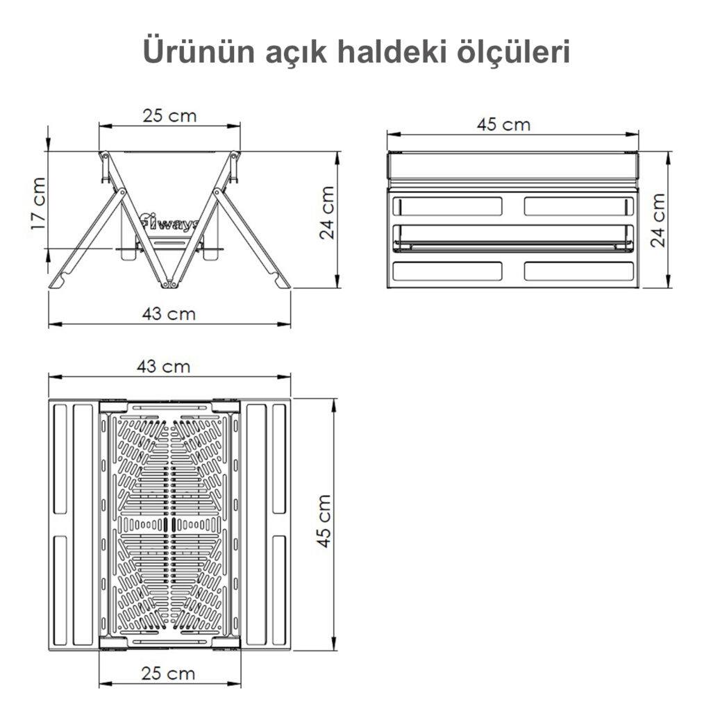 Açık bir ürünün ölçülerini gösteren teknik çizim. Soldan açık, üstten ve alttan kapalı.