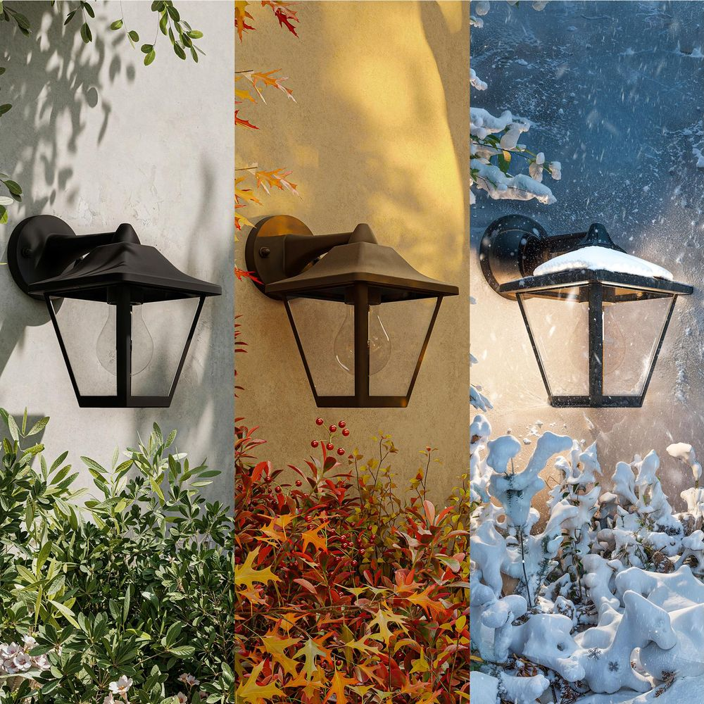 Außenleuchte in drei Jahreszeiten: Frühling, Herbst und Winter.