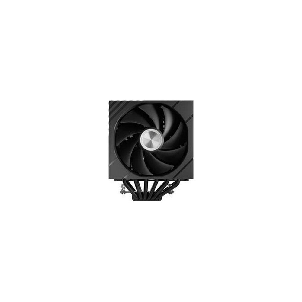 Schwarzer CPU-Kühler mit Lüfter und Metall-Logo in der Mitte.