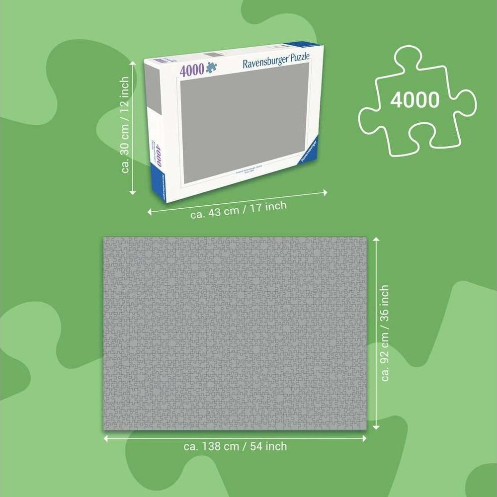 Un puzzle Ravensburger da 4000 pezzi, dimensioni 138x92 cm. Dimensioni scatola 43x30 cm.